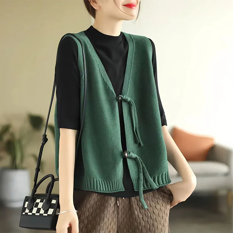 Top Trends: Vintage Fashion Women Cardigan Knitted Sweaters Vest Spring Autumn New Korean Loose V-Neck Sleeveless Solid Lace-up Casual Tops Shoppable Styles