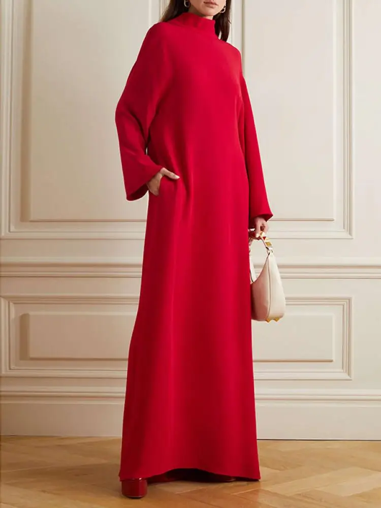 Top Trends: Yeezzi Female Hollow Pockets Solid Color High-Neck Elegant Evening Dresses Long Sleeves Vintage Red Party Banquet Maxi Dresses Shoppable Styles