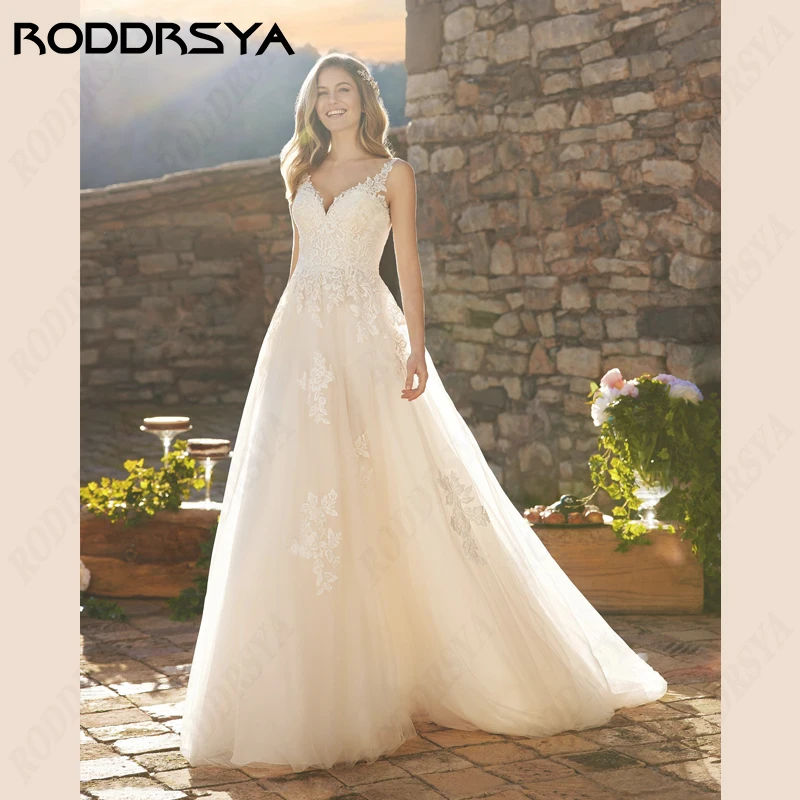 Top Trends: RODDRSYA Sexy V-Neck Sleeveless Wedding Dresses Lace Appliques Tulle Bride Party Backless A-Line Bridal Gowns Vestidos De Novia Shoppable Styles