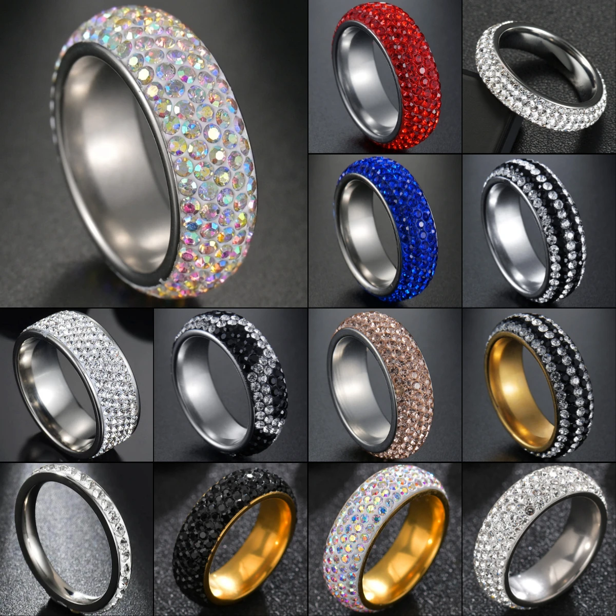 Top Trends: New Arrival High Quality Unique Allergy Free Silvery 5 Row Lines Ring Rainbow Color Crystal 1PC Rhinestone Stainless Steel Rings Shoppable Styles