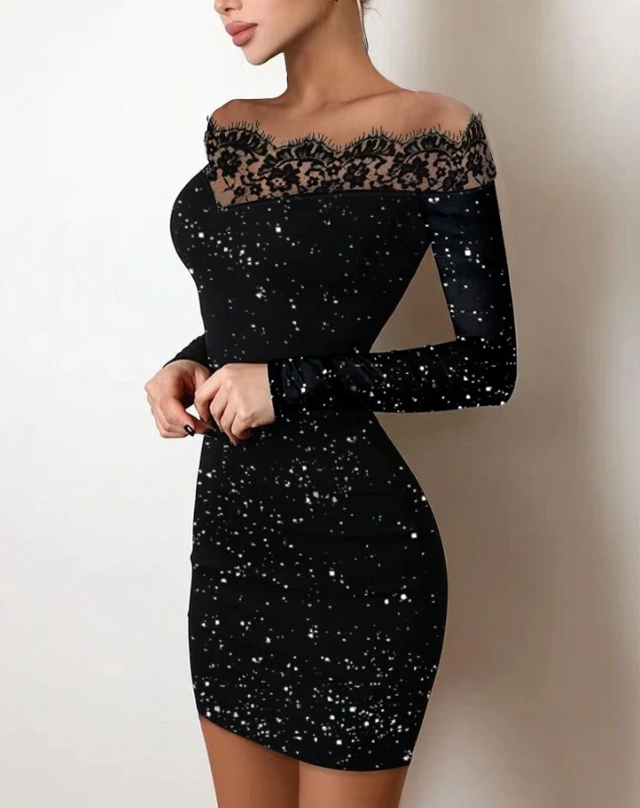 Top Trends: Sexy Party Night Out Dresses For Women 2022 Autumn Plain Black Off Shoulder Long Sleeve Contrast Lace Glitter Bodycon Mini Dress Shoppable Styles