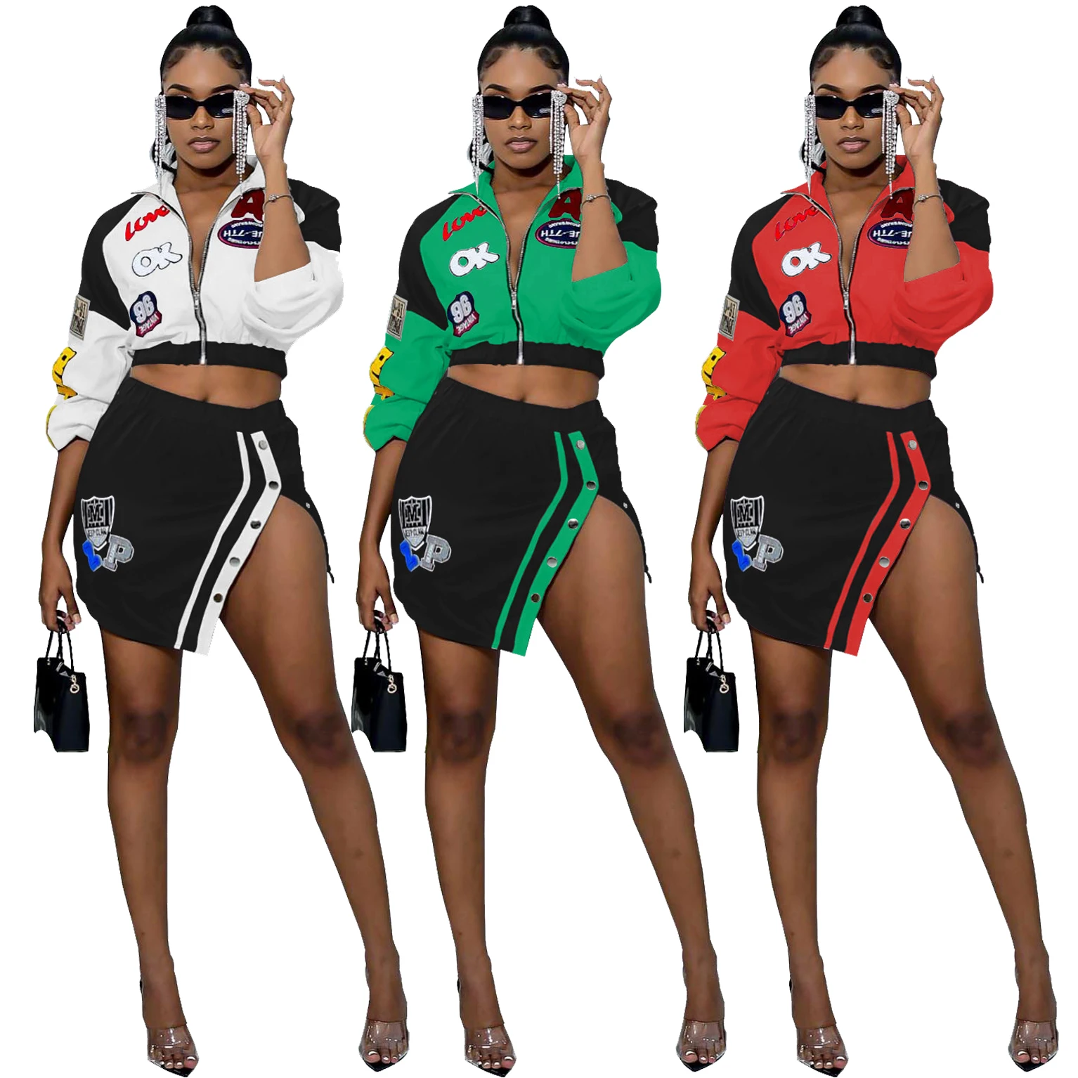 Top Trends: Printed Crop Jacket Tops Two 2 Piece Skirt Sets Y2K Streetwear Women Cyber Racer Cropped Jackets Trench Patchwork Sexy Dress Shoppable Styles