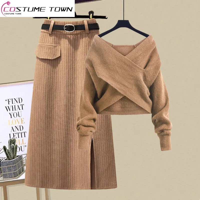 Top Trends: Large Women's Spring Set Women's 2023 New Age Reducing Cross Knit Sweater Sweater Slim Half Skirt Two Piece Set Shoppable Styles