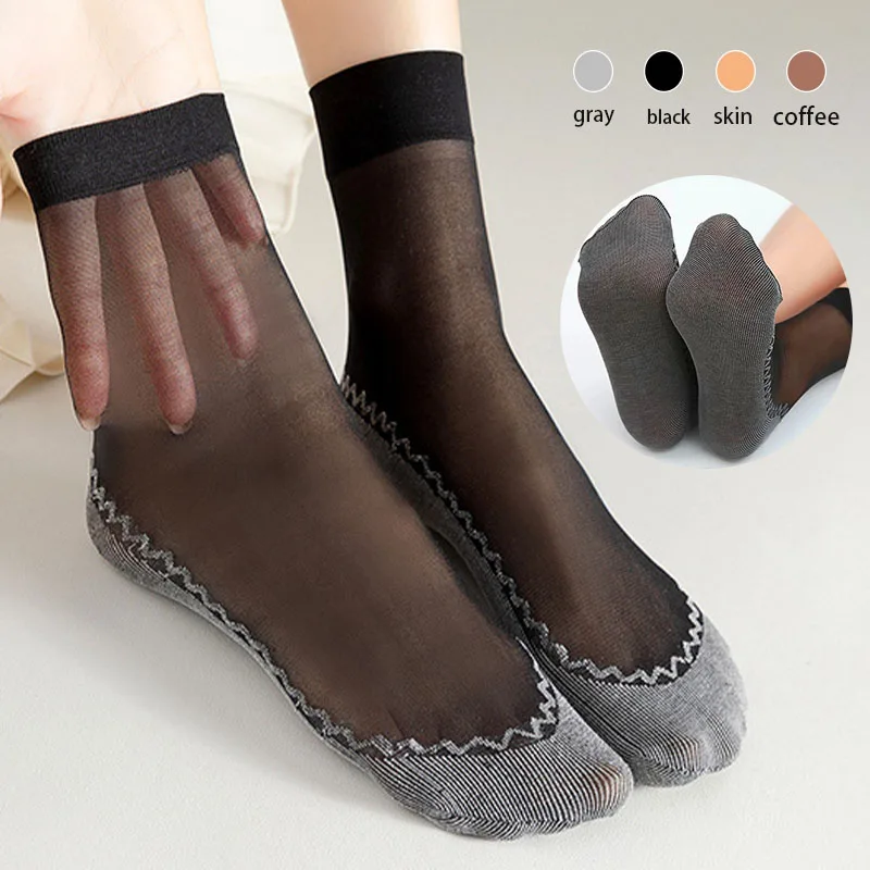 Top Trends: 10pcs=5Pairs Women Soft Socks Summer Velvet Silk Transparent Non-Slip Bottom Splice Fashion Ladies Ultrathin Sock Breathable Sox Shoppable Styles