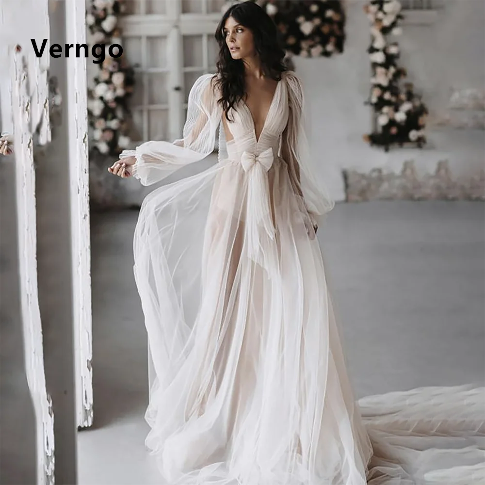 Top Trends: Verngo Long Puff Sleeves Party Dress Deep V Neck Tulle Wedding Party Dress Bow A Line Lace Up Sexy Bridal Gown Shoppable Styles