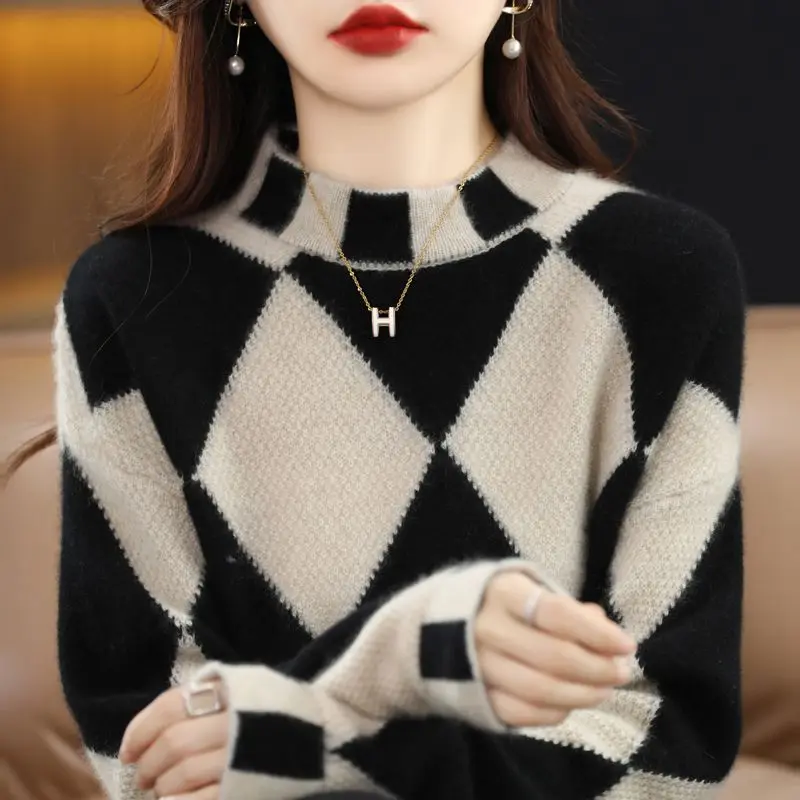 Top Trends: Vintage Fashion Women Half Turtleneck Plaid Sweater Autumn Winter Korean Contrast Loose Bottoming Casual Long Sleeve Pullovers Shoppable Styles