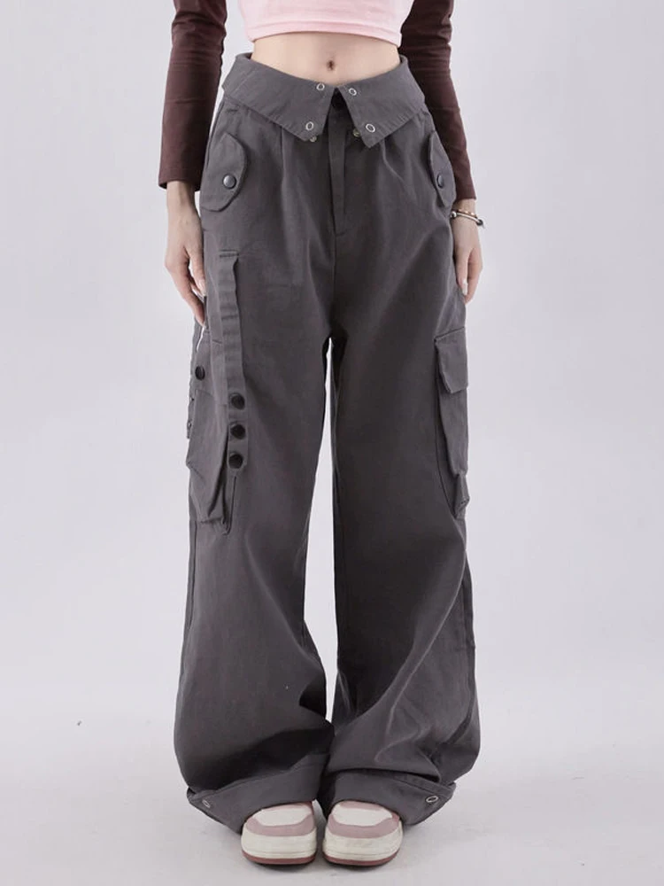 Top Trends: HOUZHOU Vintage Gray Cargo Pants Women Baggy Cyber Y2k Aesthetic Techwear Wide Leg Trousers Female Grunge Korean Streetwear Shoppable Styles