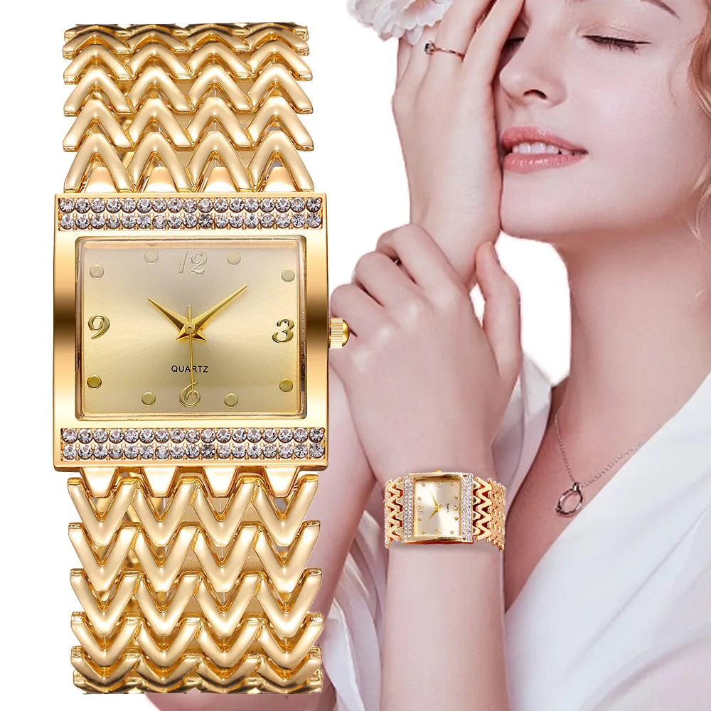 Top Trends: Luxury Golds Ladies Bracelet Watch Hot Fashion Simple Square Diamond Female Quartz Watches Stainless Steel Women Clock Dress Shoppable Styles