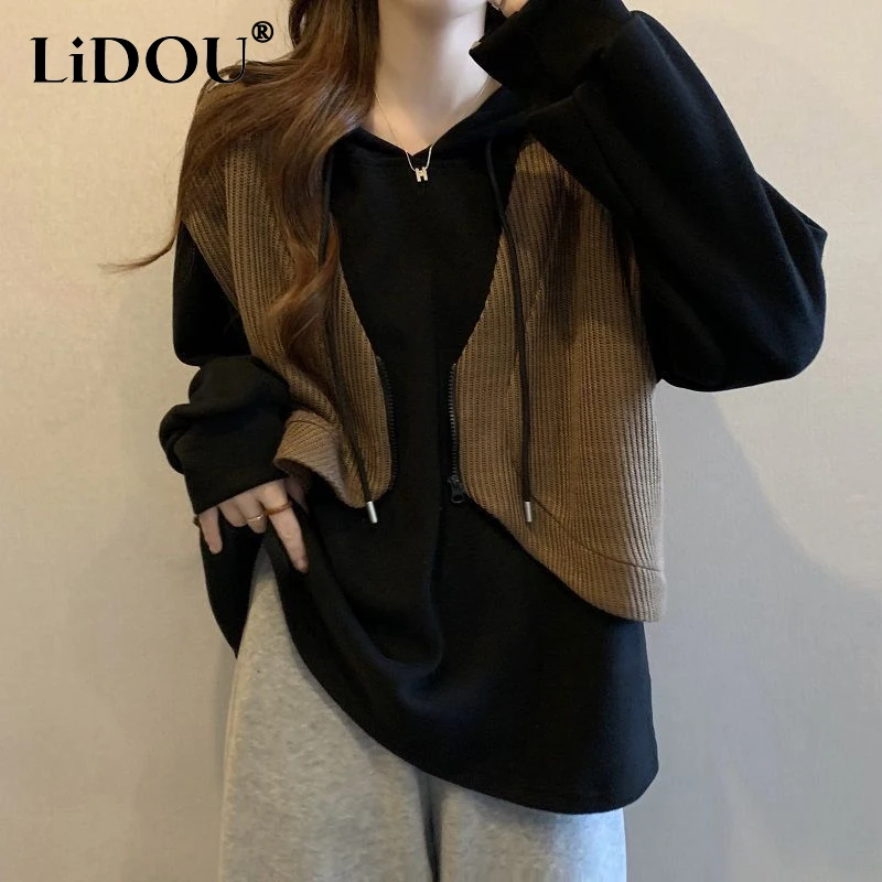 Top Trends: 2023 Spring Autumn New Hooded Long Sleeve Contrast Color Patchwork Hoodies Women Casual Loose Zipper Fake Two Pieces Pullover Shoppable Styles