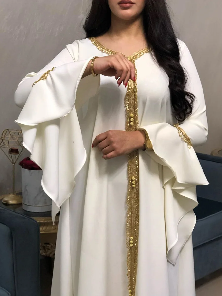 Top Trends: Siskakia Jalabiya Kaftan Dress For Women Dubai Turkey Golden Ribbon Embroidery Loose Muslim Arabic Islamic Clothing White 2020 Shoppable Styles