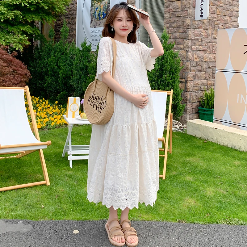 Top Trends: 2024 Pregnant Woman Lace Dress Summer Short Sleeve O-Neck Hollow Out Maternity Cotton Dress Sweet Long Loose Princess Clothes Shoppable Styles