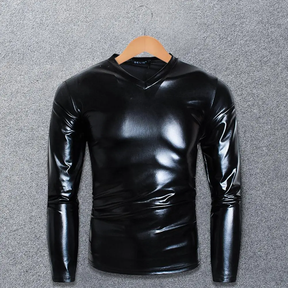 Top Trends: Men T-shirt Glossy Appearance Solid Color Long Sleeve Top V Neck Slim Fit T-shirt Nightclub Party Performance Costumes Shoppable Styles - Image 2