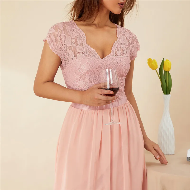 Top Trends: Women Elegant Maxi Long Evening Dress Solid Color Lace Patchwork Backless V Neck High Waist Dress Wedding Party Bridesmaid Shoppable Styles - Image 3