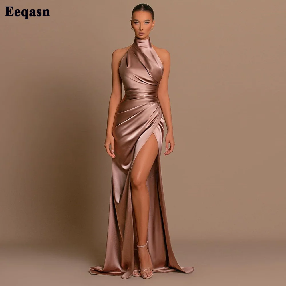 Top Trends: Eeqasn Simple Silk Satin Women Evening Party Dresses Formal Split Prom Gowns Halter Floor Length Long Special Occasion Dress Shoppable Styles