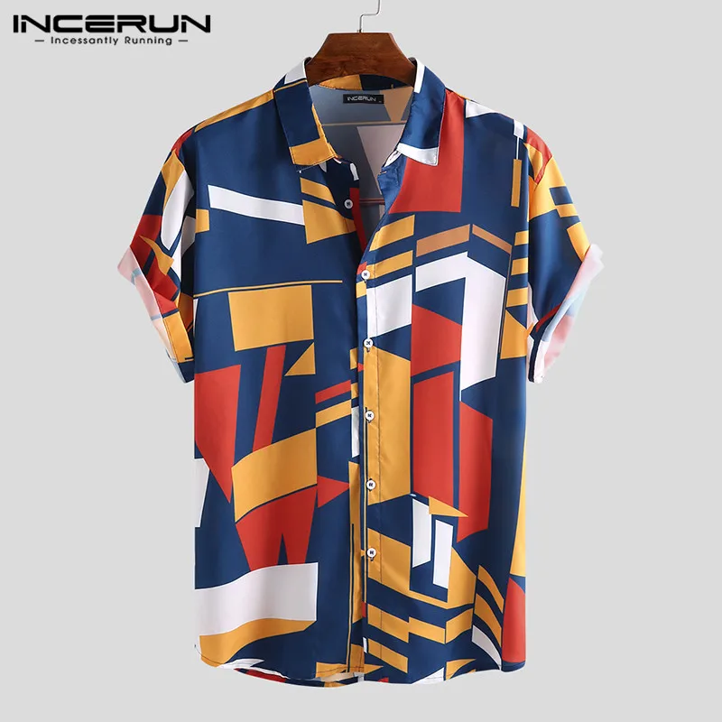 Top Trends: INCERUN Summer Men Beach Shirt Geometric Print Short Sleeve Lapel Neck Button Leisure Hawaiian Shirts Men 2023 Streetwear S-5XL Shoppable Styles