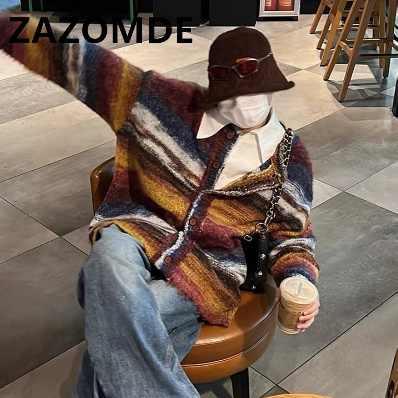 Top Trends: ZAZOMDE Winter Rainbow Color Contrast Jumper Oversize Cardigan Sweater Knitwear Men Loose High Street Couple Stripe Sweater Coat Shoppable Styles