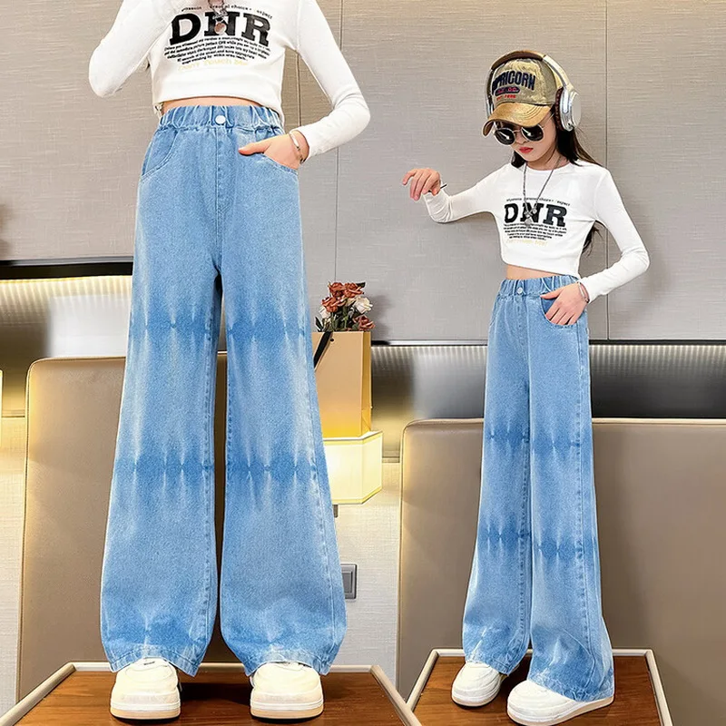 Top Trends: Girls Jeans 2024 Spring New Paste Cloth Tie Dye Design Wide Leg Pants Kids Trendy Teenage Children's Trousers 8 10 14 Years Shoppable Styles