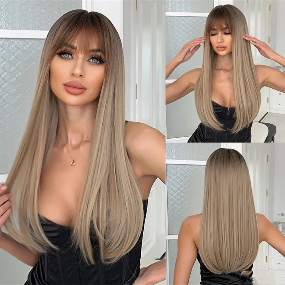 Top Trends: Light Brown Straight Wigs With Bangs Synthetic Ombre Brown Wig For Black Women Smooth Natural Looking Hair Heat Resistant Fiber Shoppable Styles