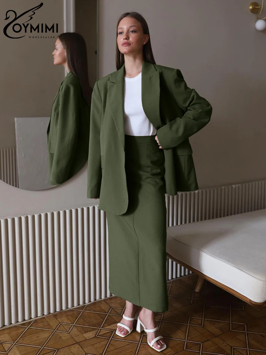 Top Trends: Oymimi Winter Loose Green Office Womens 2 Piece Outfit Set Fashion Long Sleeve Blazer With High Waist Long Skirts Set Female Shoppable Styles