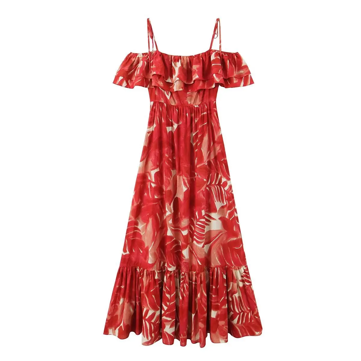 Top Trends: TRAF New Women Bohemian Cascading Ruffles Tie Dyed Floral Print Midi Dress Female Chic Side Zipper Sling Party Vestidos Shoppable Styles