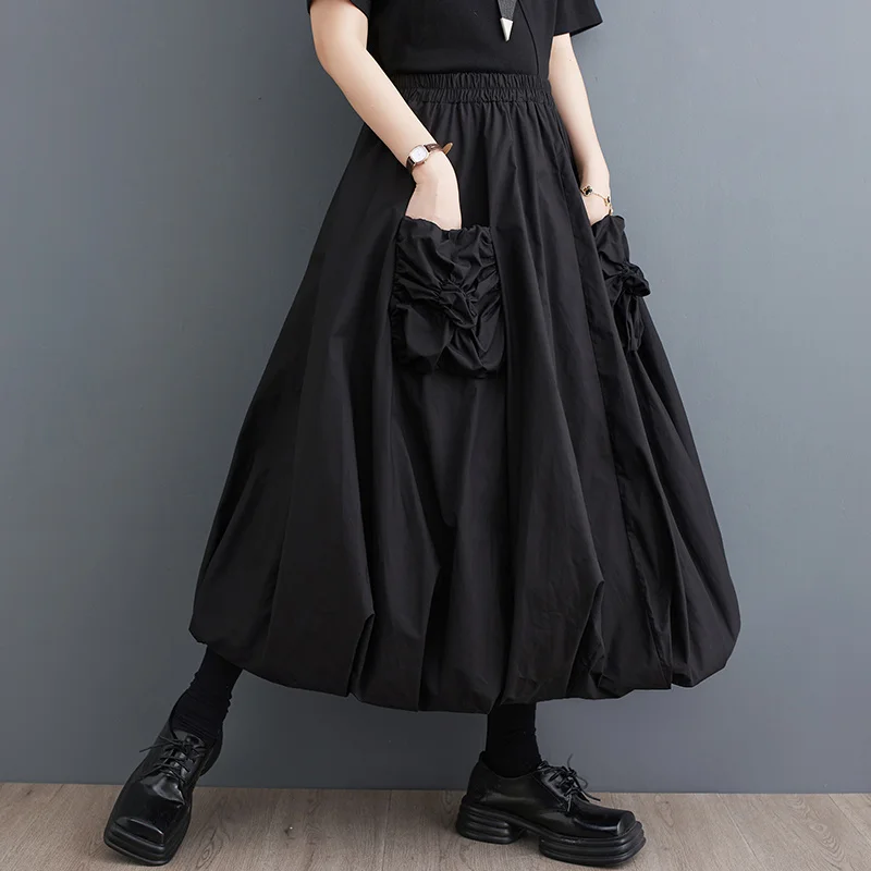 Top Trends: #3007 Spring Summer Black A-line Skirts Vintage High Waisted Pleated Skirt Women Pockets Loose Double Layer Midi Skirts Ladies Shoppable Styles