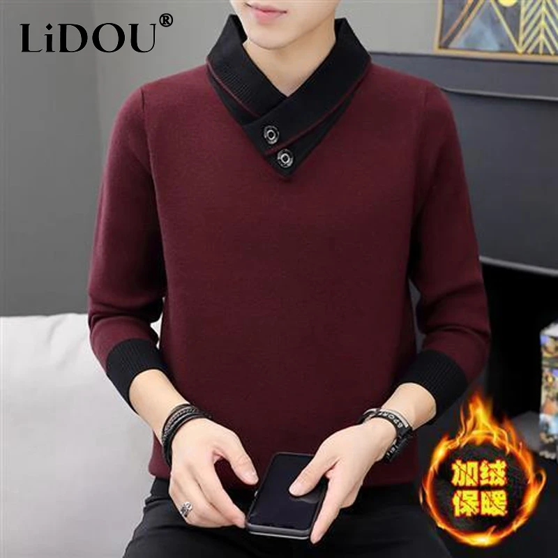 Top Trends: Autumn Winter New Solid Color Fashion Turn-down Collar Sweater Man High Street Casual Long Sleeve Button Korean Style Pullovers Shoppable Styles