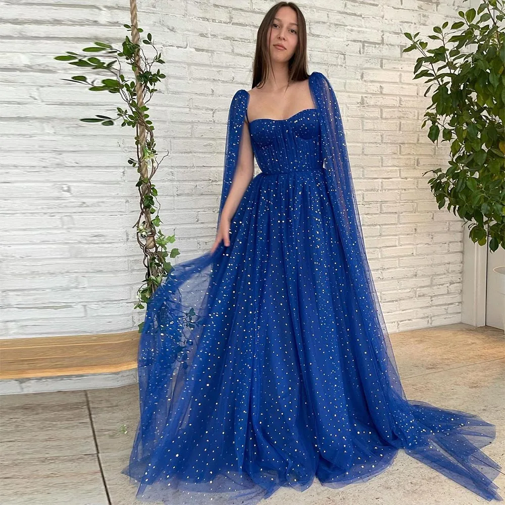 Top Trends: Sevintage Sparkly Royal Blue Starry Tulle Prom Dresses With Long Cape Sweetheart A-Line Formal Party Dress 2022 Evening Gowns Shoppable Styles