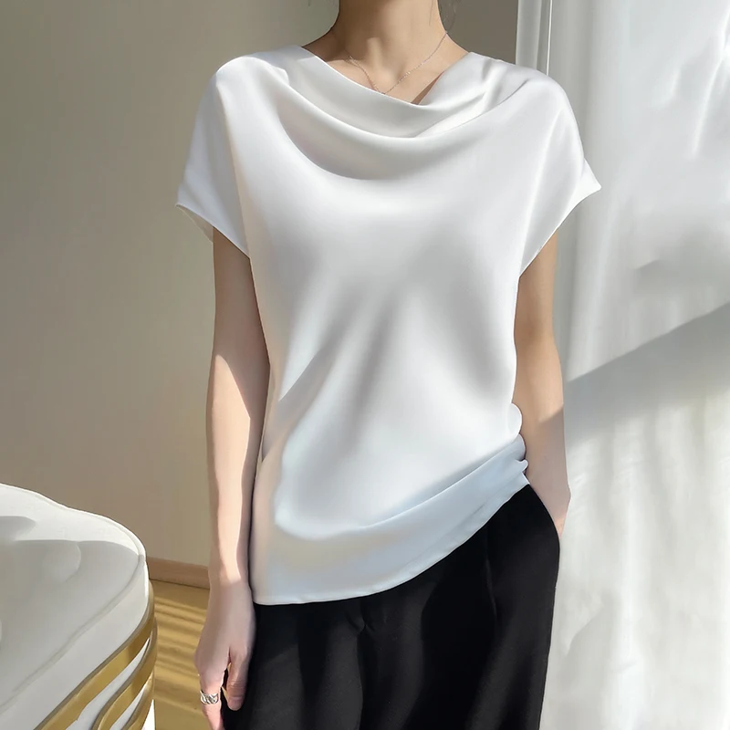 Top Trends: Summer New Simple Style Loose Stacked Collar Solid Silkworm Silk Gloss Pure Smooth Women's Short Sleeve Top T-shirt Shoppable Styles