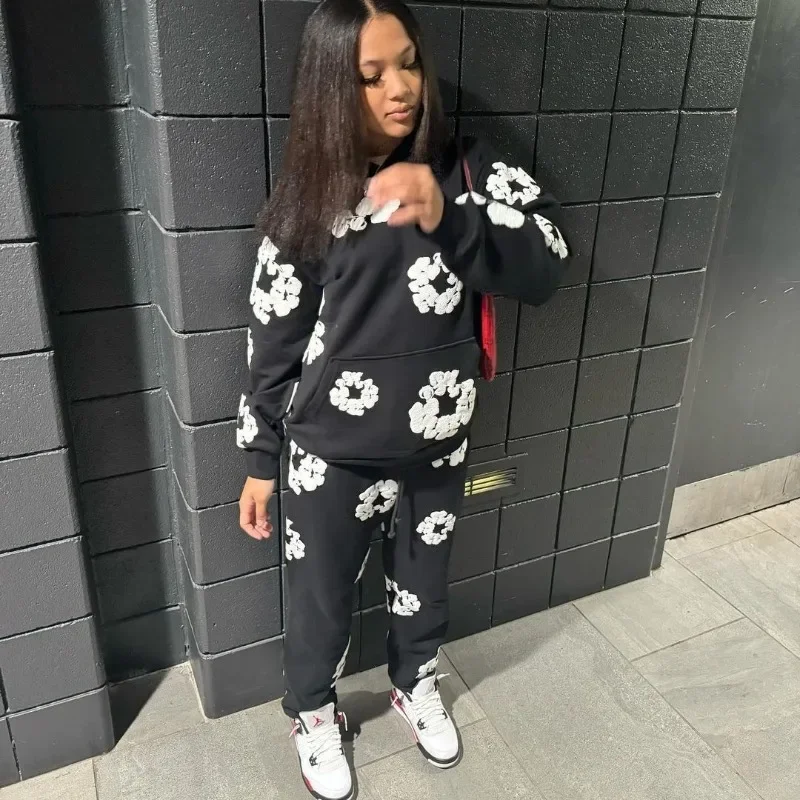 Top Trends: Women Kapok Print Loose Casual 2 Piece Set Autumn Winter Hooded Long Sleeve Hoodies High Waist Pants Sporty Jogger Streetwear Shoppable Styles