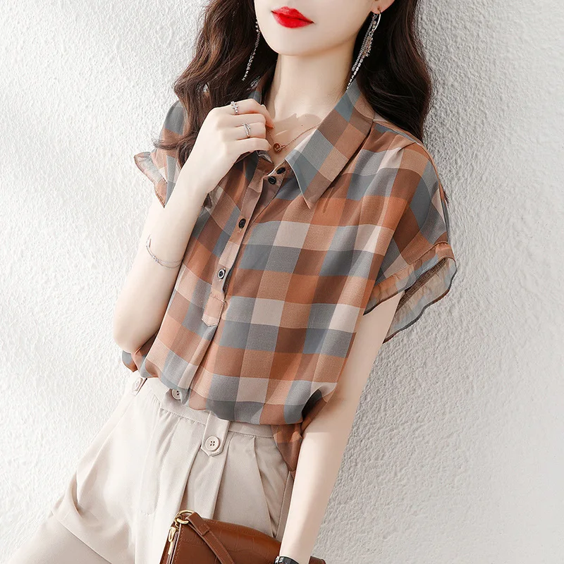 Top Trends: Fashion Plaid Printed Lapel Button Short Sleeve Chiffon Blouse Summer Plus Size Commute Tops Loose Casual Women Clothing Shirt Shoppable Styles - Image 3