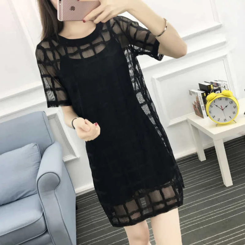 Top Trends: Stylish O-Neck Solid Color Spliced Loose Hollow Out Mini Dress Women&#039;s Clothing 2023 Summer New Oversized Office Lady Sexy Dress Shoppable Styles