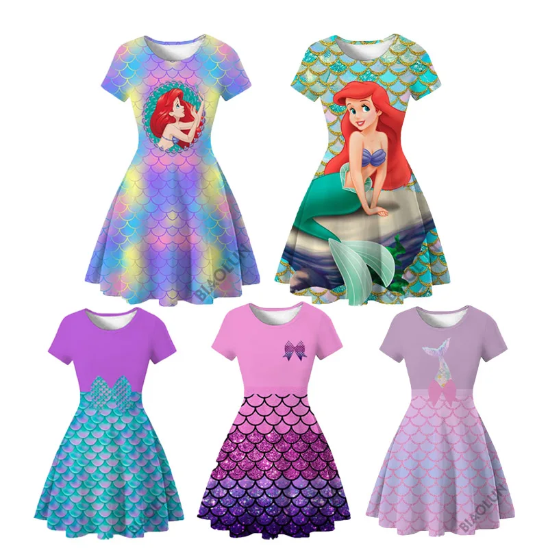 Top Trends: Disney Little Mermaid Princess Dress For Girls Short Sleeve Cosplay Costume Children Carnival Birthday Party Clothes Summer Shoppable Styles