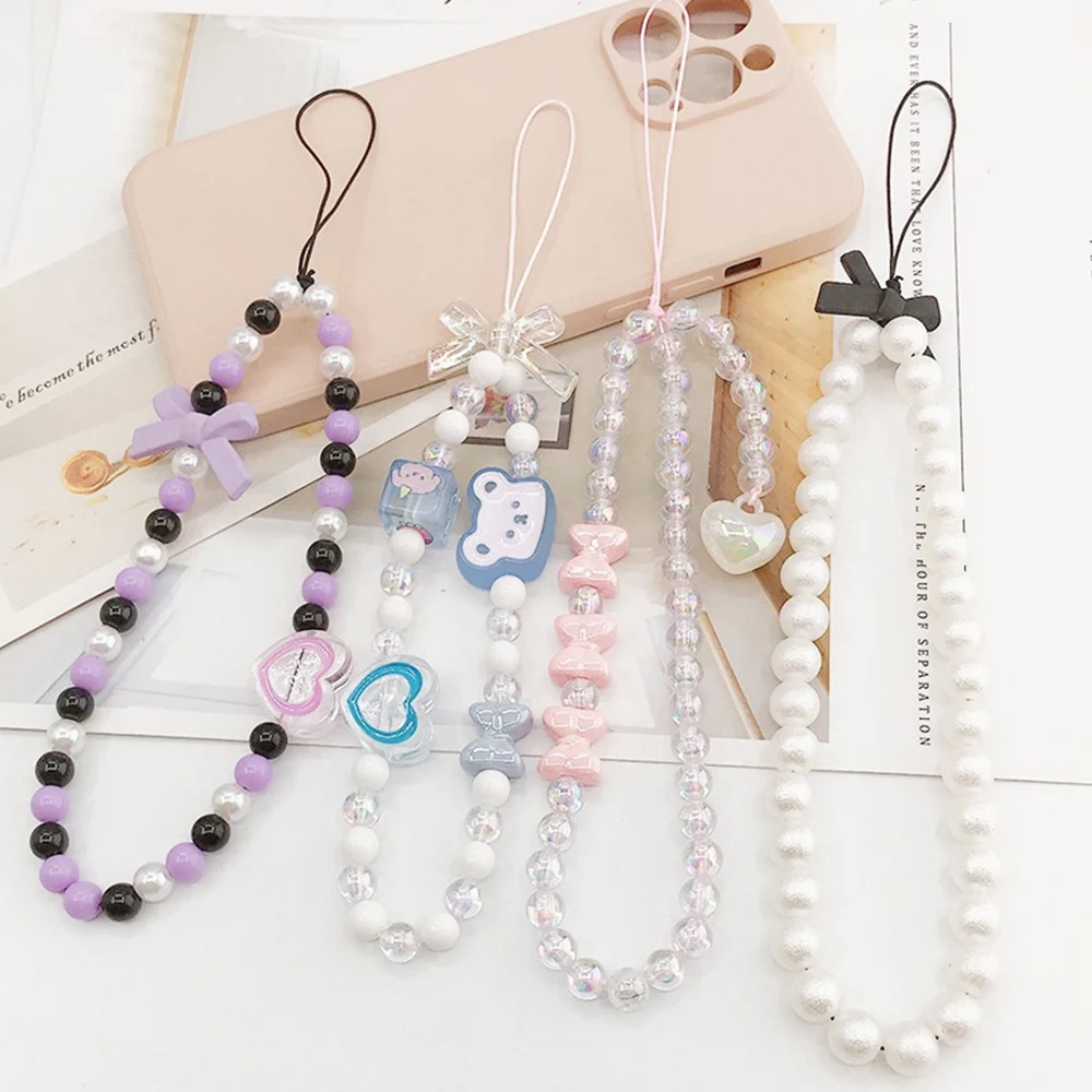 Top Trends: Cute Bear Bow Knot Mobile Rope Keychain Lanyard Phone Beaded Chain Handstring Pendant Wallet Strap Short Anti Drop Acrylic Shoppable Styles