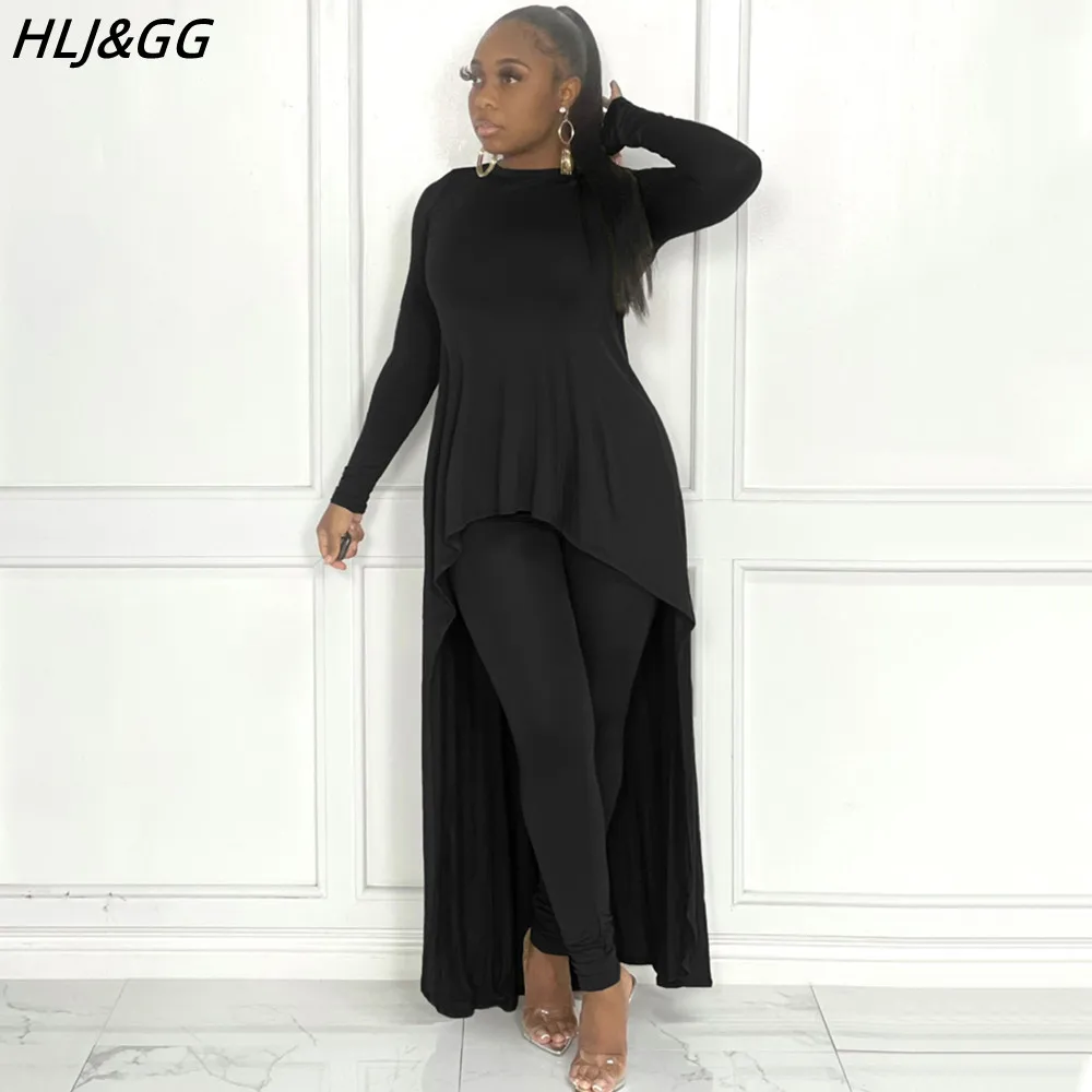 Top Trends: HLJ&GG Fall Winter Casual Irregular Top + Skinny Pants Two Piece Sets Women Outfits Female Solid Color Matching 2pcs Tracksuits Shoppable Styles - Image 5