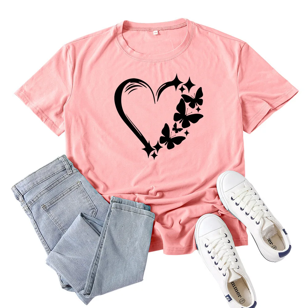 Top Trends: Butterfly Heart Print T Shirt Women Short Sleeve O Neck Loose Tshirt Summer Women Tee Shirt Tops Camisetas Mujer Shoppable Styles