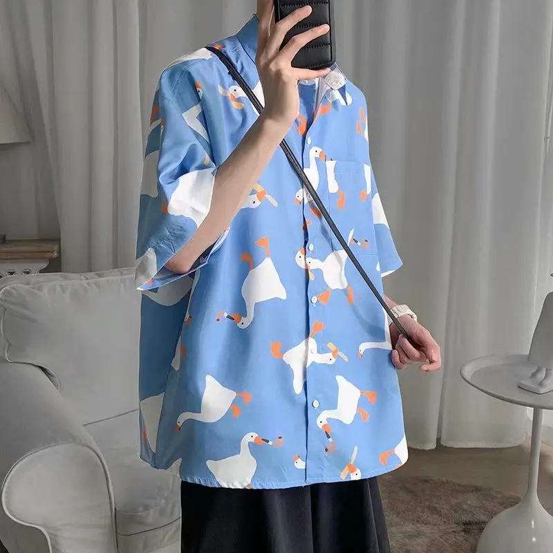 Top Trends: Retro Oil Painting Goose Print Men&#039;s Short Sleeve Thin Shirt Summer Fashion Casual Loose Square Neck Versatile Top Shirt Shoppable Styles