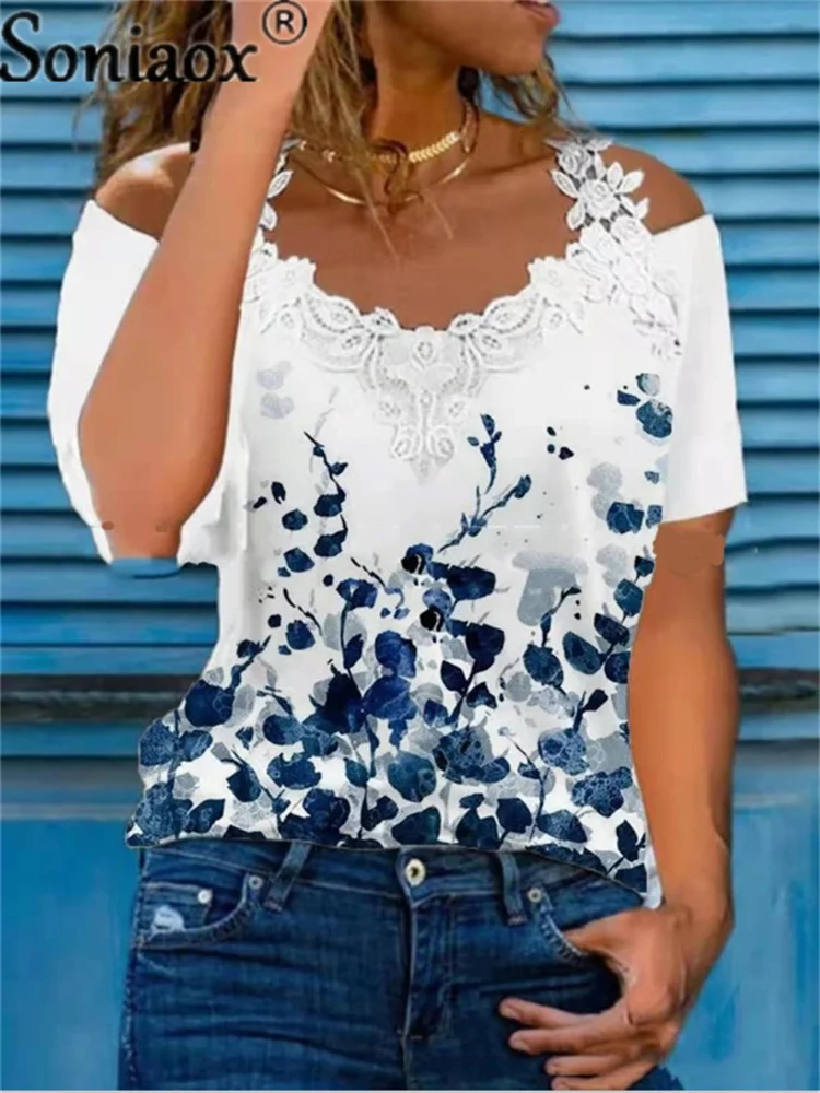 Top Trends: Summer Sexy Lace Short Sleeve Off Shoulder V-Neck Women T-Shirts Ladies Floral Print Street Tops Female Casual Loose T-Shirt Shoppable Styles