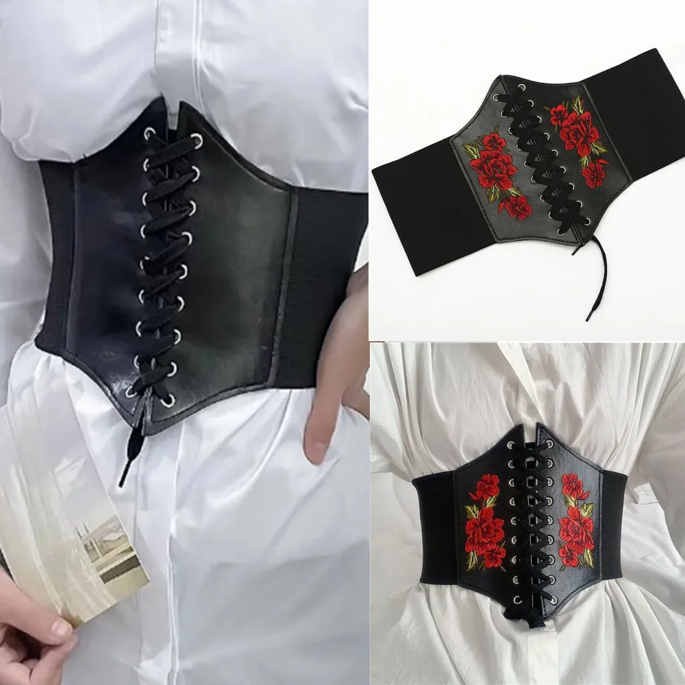 Top Trends: Women Sexy Corsets Wide Belts Rose Embroidered Solid Color PU Leather Slimming Body Fashion Elastic Waistband For Dress Coat Shoppable Styles