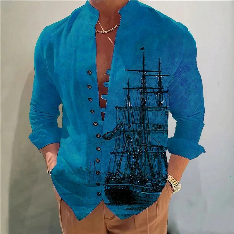 Top Trends: Spring Autumn Sailboat Printin Hot Sale Men's Long-Sleeved Shirts Solid Color Stand-Up Collar Casual Style Plus Size Shirts Shoppable Styles