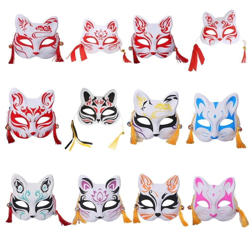 Top Trends: Japanese Hand-Painted Kabuki Kitsune Foxes Masks Japanese Anime Cosplay Halloween Party Costume Props With Elastic Belt Shoppable Styles