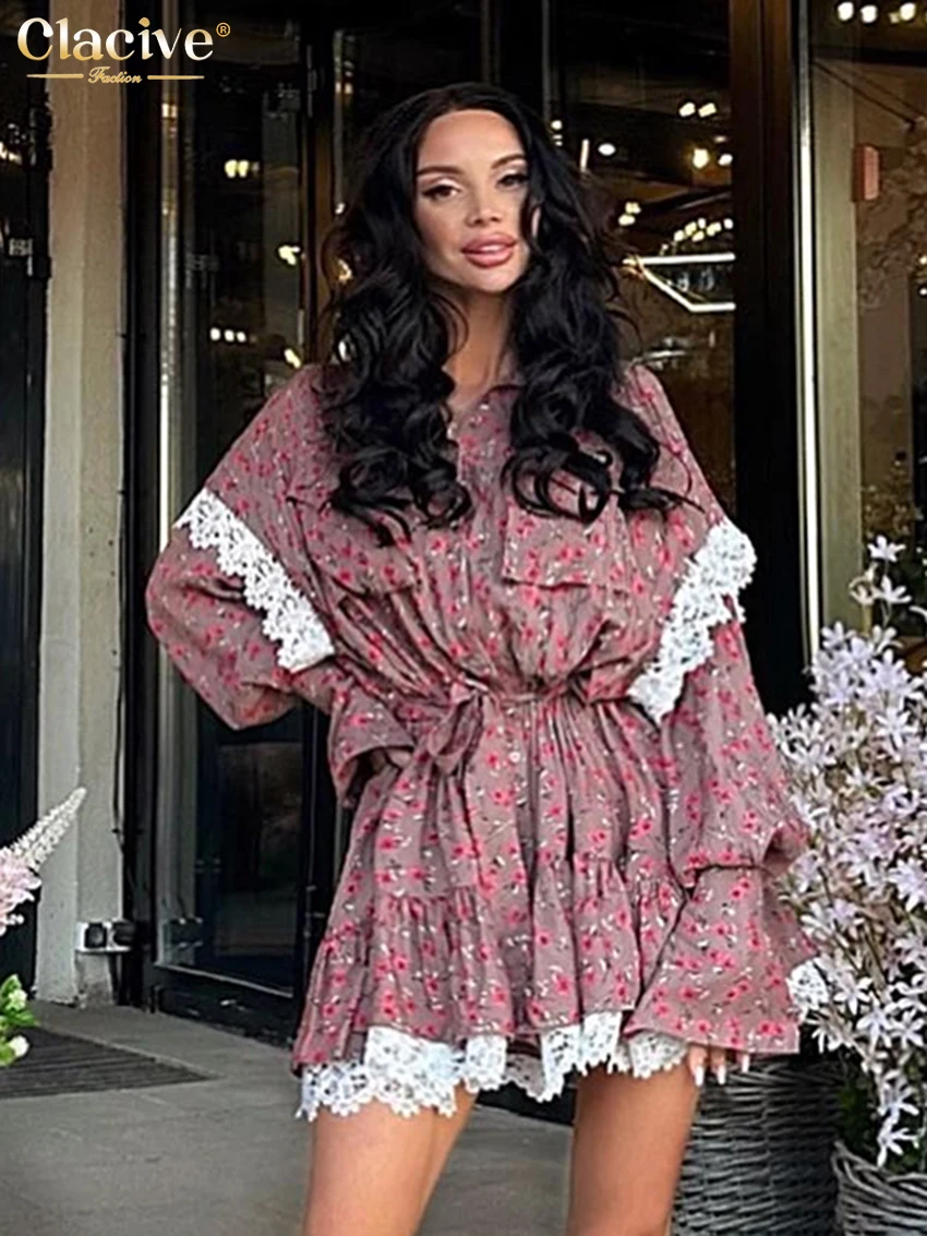 Top Trends: Clacive Fashion Loose Print Women Dress Elegant Lace-Up Long Sleeve Office Mini Dresses Casual Lace Spliced Pleated Female Dress Shoppable Styles - Image 3