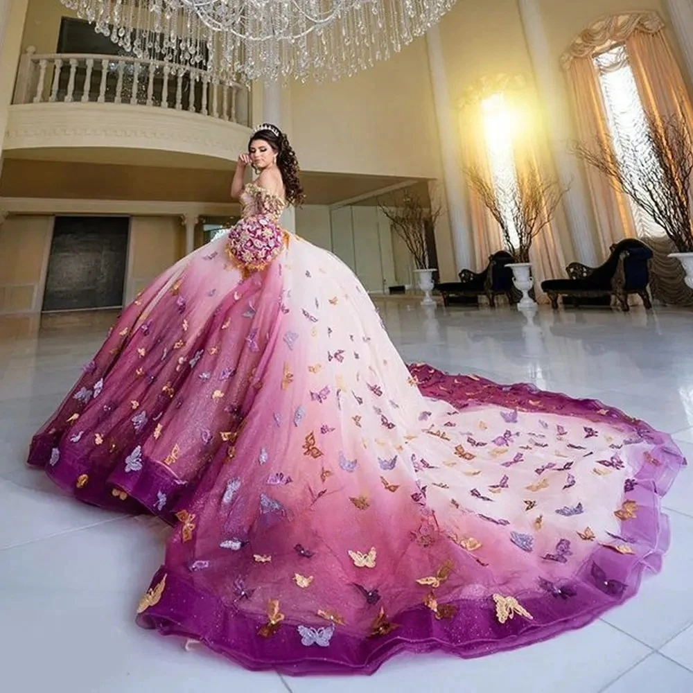 Top Trends: Colorful Princess Quinceanera Dresses Ball Gown Off The Shoulder 3D Butterfly Sweet 16 Dresses 15 Años Mexican Shoppable Styles