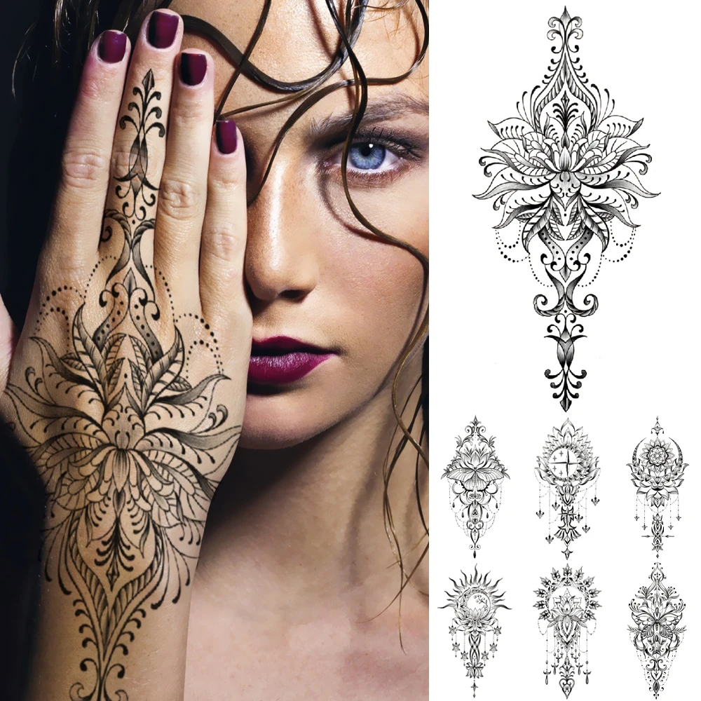 Top Trends: Indian Henna Hand Painted Transfer Waterproof Temporary Tattoo Sticker Moon Lotus Mandala Chain Body Art Fake Tattoos Women Men Shoppable Styles