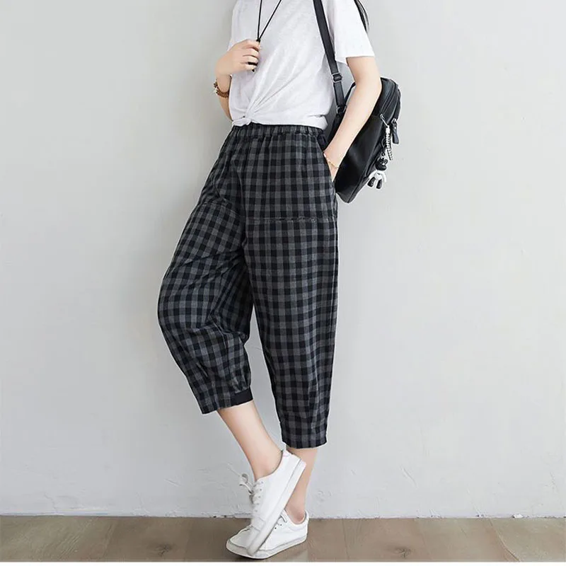 Top Trends: Women Vintage Cotton Black Plaid Harem Pants Korean Fashion Summer New Elastic High Waists Loose Casual Calf Length Trousers 3XL Shoppable Styles