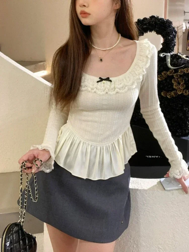 Top Trends: Deeptown Coquette Korean Style White T-shirts Women Fairycore Cute Ruffles Long Sleeve Tees Y2k Sweet Slim Corset Tops Autumn Shoppable Styles