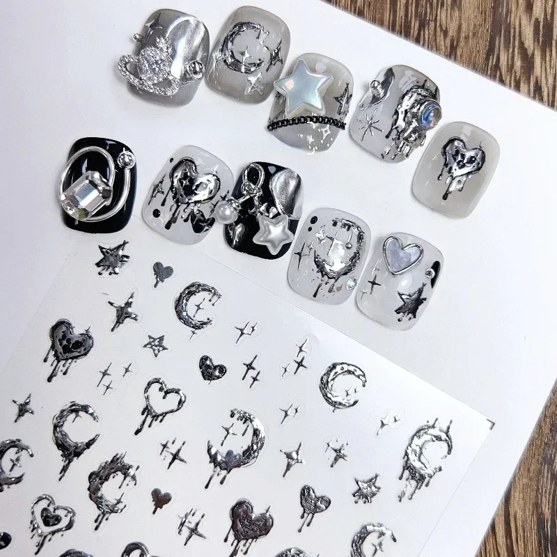 Top Trends: Vintage Silver Stamped Love Heart Star Moon 5D Embossed Relief Self Adhesive Nail Art Sticker 3D Nail Decoration Manicure Decals Shoppable Styles