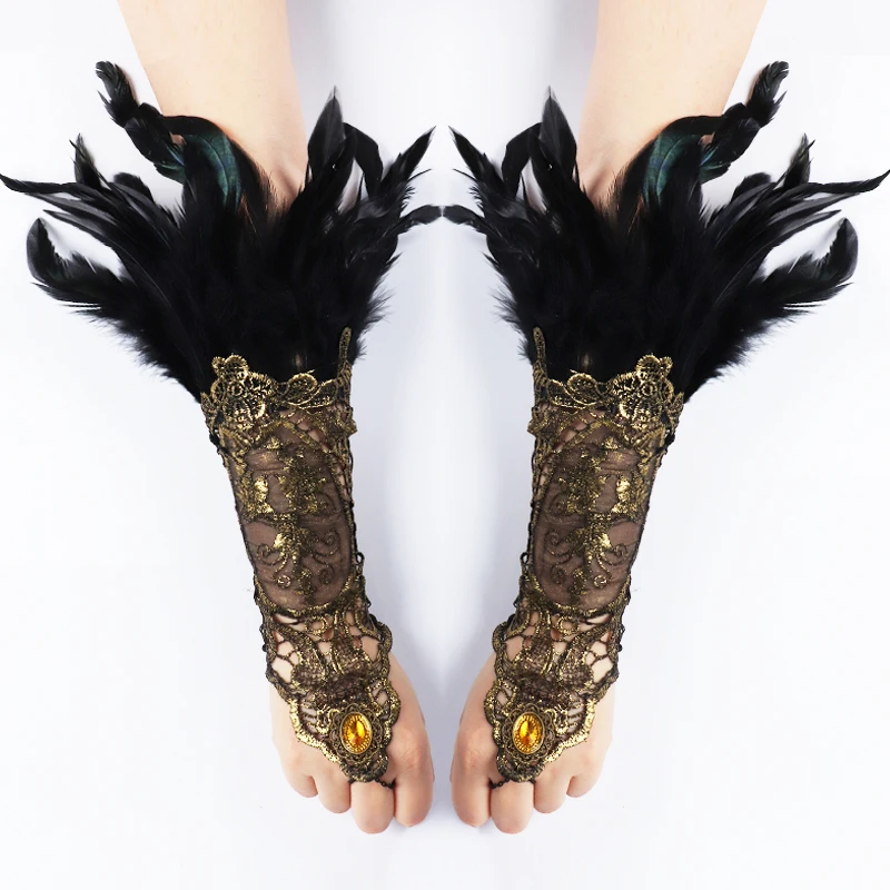 Top Trends: 2pcs Steampunk Lace Feather Wrist Cuffs Gothic Feather Gloves Stage Showgirl Brazil Carnival Rave Party Cosplay Latin Dance Wear Shoppable Styles