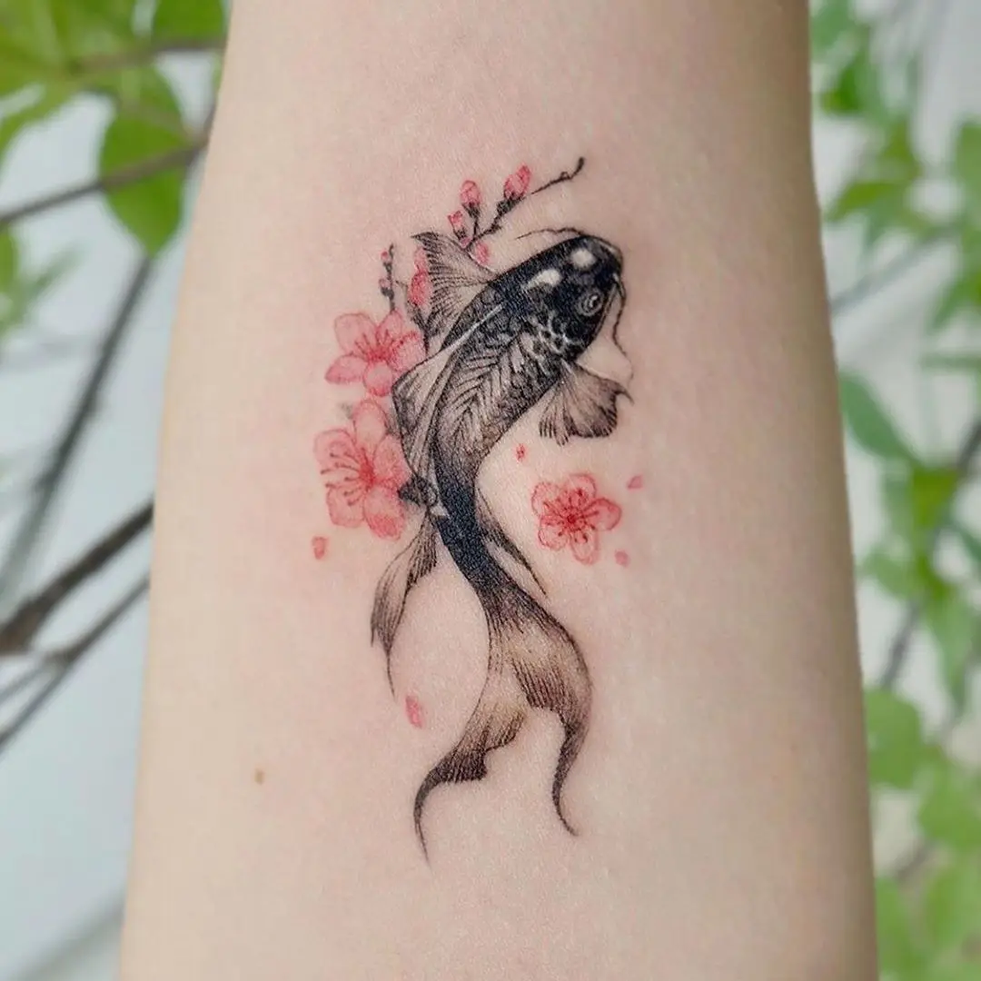 Top Trends: Wind Plum Blossom Carp Half Arm Tattoo Stickers Waterproof Fake Tattoo Men Women Simulation Calf Arm Flower Fish Decal Shoppable Styles