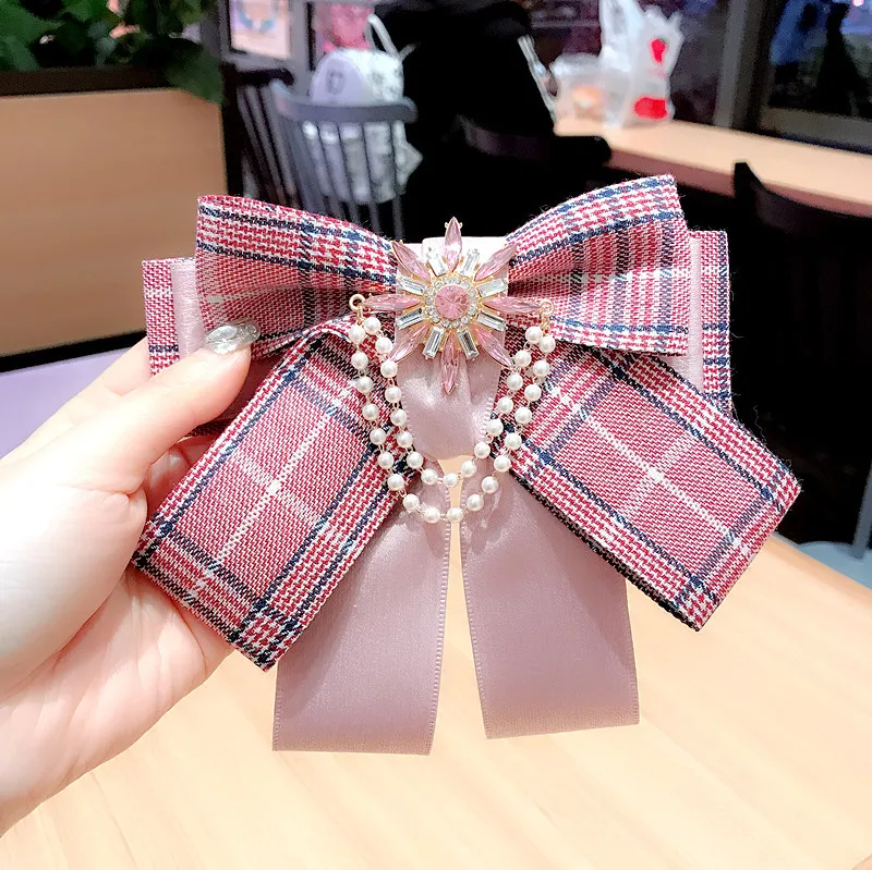 Top Trends: Korean Fashion Plaid Multi-layer Bowknot Ladies Fabric Bow Tie High-end Pearl Rhinestone Pins And Brooches For Women Accessories Shoppable Styles