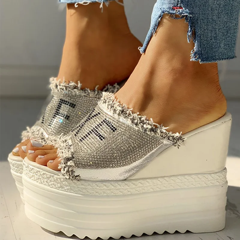 Top Trends: Crystals Wedges High Heels Slippers Leisure Summer Sandal Woman Shoes Women Platform Mules Slippers Slip On Outside Pantuflas Shoppable Styles - Image 4